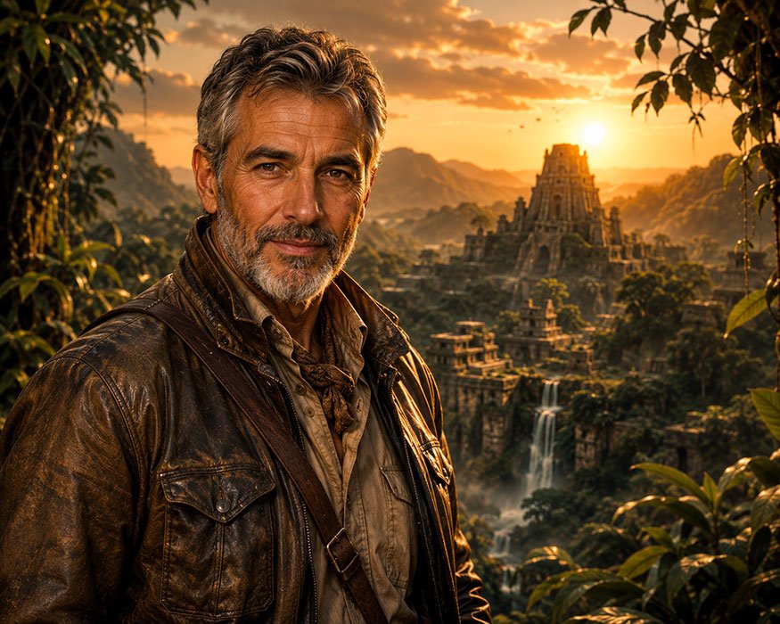 Portrait IA dans un univers d'aventure